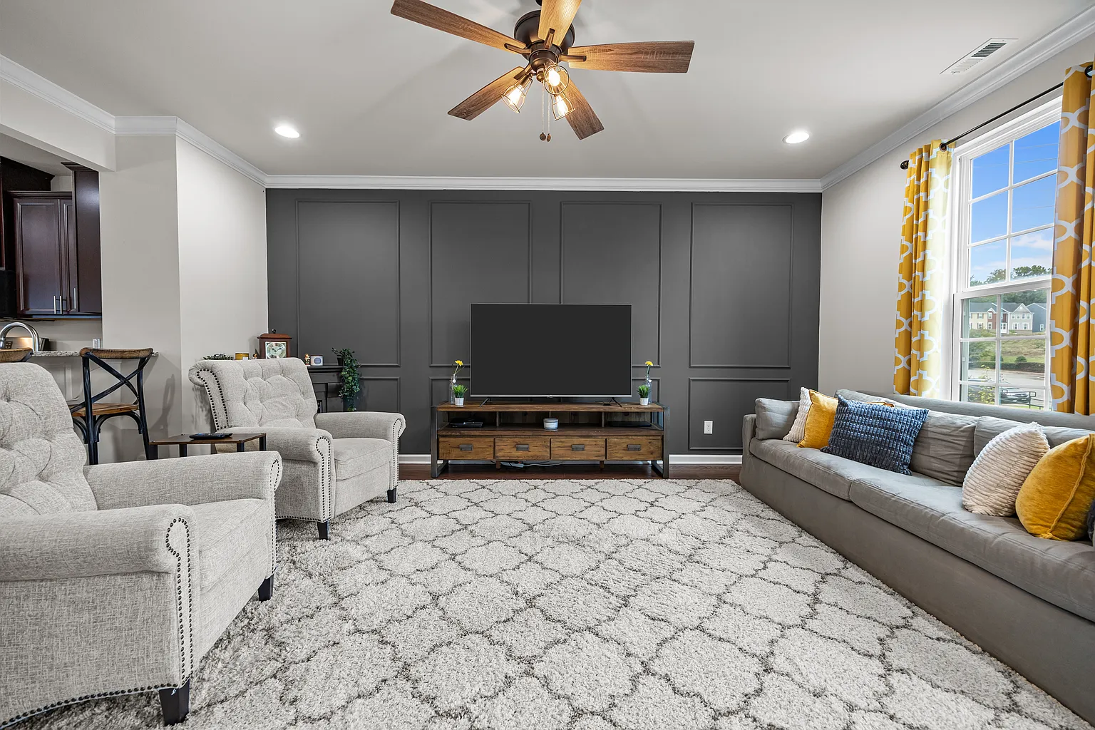 Contemporary living room with custom built-in entertainment center
