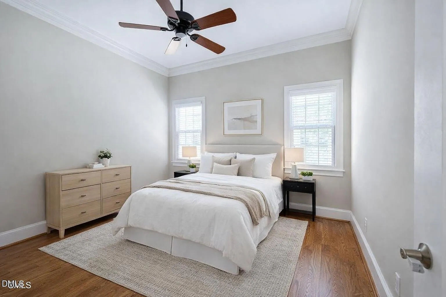 Serene bedroom retreat with coffered ceiling details