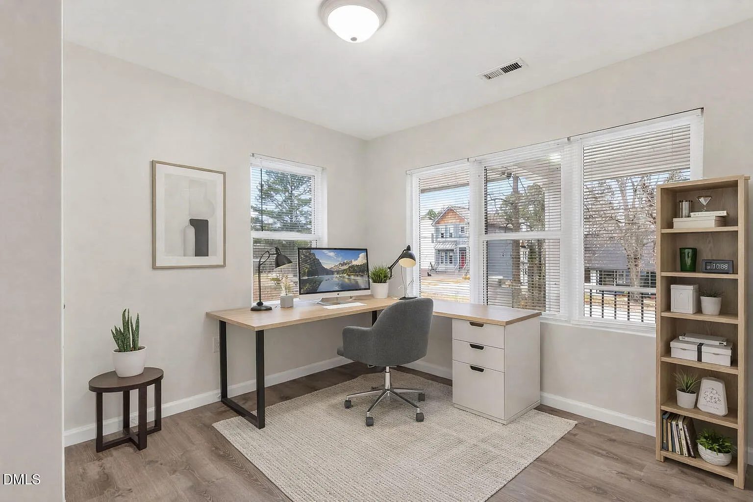 Bright home office with custom built-in storage solutions